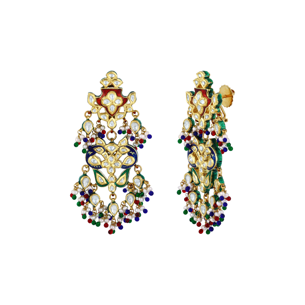 Polki Earrings with Multicoloured Enamel, Beads and Pearls